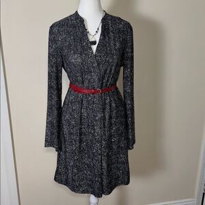 Mango 6 Gray Black White Herringbone Print Long Sleeve V-Neck Mini Dress
